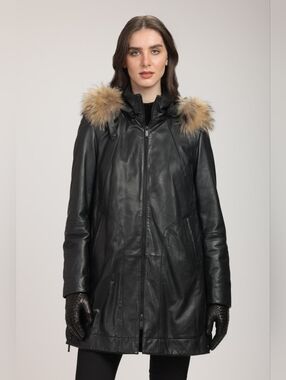 DANIER Chloe Black Leather Parka Detachable Hood Racoon Trim XS LIKE NEW